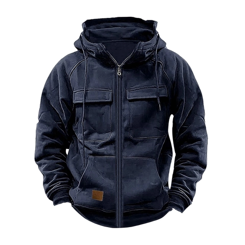 Men Hooded Cargo Jacket Full Zip Solid Color Hoodie Multi Pockets Patch Casual Outerwear Top