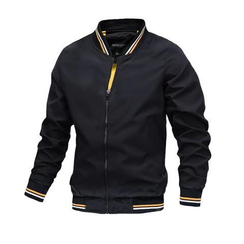 Men Casual Bomber Jacket Windproof Polyester Fabric Stand Collar Ribbed Striped Cuffs Full Zipper Outerwear For Spring Autumn