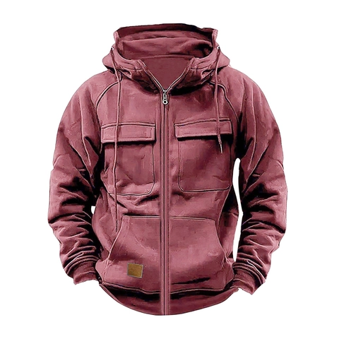 Men Hooded Cargo Jacket Full Zip Solid Color Hoodie Multi Pockets Patch Casual Outerwear Top
