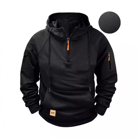 Sudadera con Capucha Táctica para Hombre de Poliéster Transpirable para Aire Libre Con Media Cremallera Multibolsillos Cordón Ajustable Top Deportivo