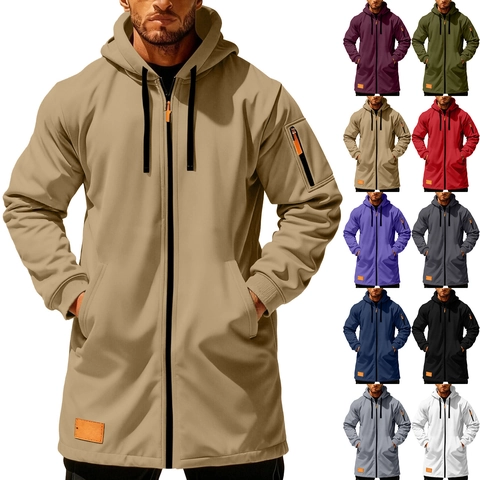 Men Long Hooded Zipper Jacket Polyester Cotton Blend Fleece Lined Warm Outerwear Sporty Tactical Casual Hoodie Coat