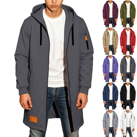 Men Long Hooded Zipper Jacket Polyester Cotton Blend Fleece Lined Warm Outerwear Sporty Tactical Casual Hoodie Coat