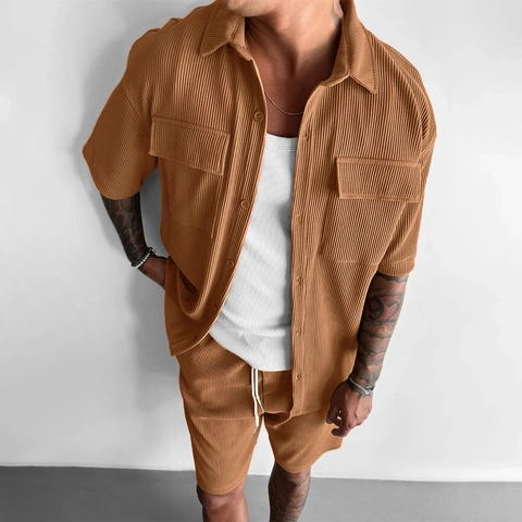 Set Maglia a Maniche Corte in Velluto a Coste e Pantaloncini da Uomo Tinta Unita Vestibilità Comoda Tuta Estiva Urban da Uomo