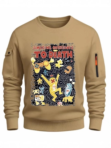 Felpa da Uomo Girocollo a Maniche Lunghe Pullover Con Tasche Sulle Maniche Stampa Graffiti Foderata in Pile Streetwear
