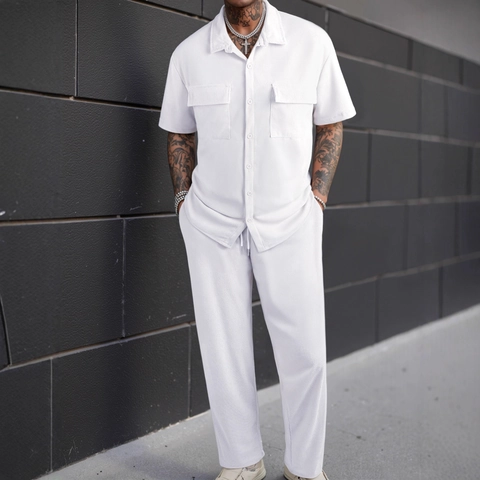 Herren Cord Zwei Teiler Set Kurzarm Revers Knopf Hemd Und Lange Hose Lässig Streetwear Locker Einfarbig Outfit