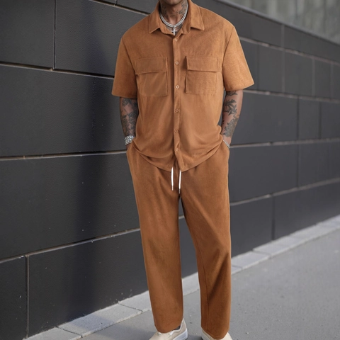 Herren Cord Zwei Teiler Set Kurzarm Revers Knopf Hemd Und Lange Hose Lässig Streetwear Locker Einfarbig Outfit