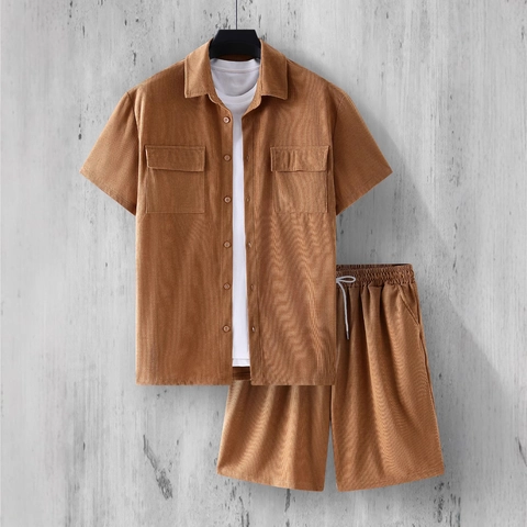 Set Maglia a Maniche Corte in Velluto a Coste e Pantaloncini da Uomo Tinta Unita Vestibilità Comoda Tuta Estiva Urban da Uomo