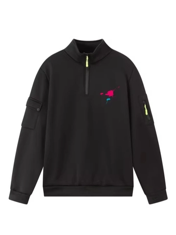 Felpa da Uomo con Mezza Cerniera e Collo Alto in Poliestere Multitasche Pullover Utility con Stampa a Schizzi di Inchiostro Top Streetwear Casual