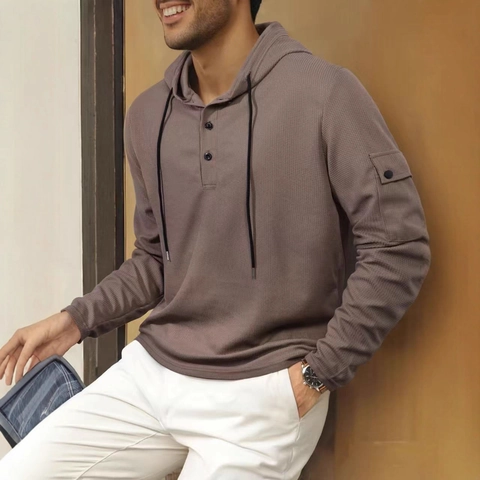 Herren Waffelstrick Kapuzenpullover Henley Ausschnitt Langarm Lässig Polyester Sweatshirt Mit Tasche Sport Pullover Tops