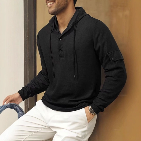 Herren Waffelstrick Kapuzenpullover Henley Ausschnitt Langarm Lässig Polyester Sweatshirt Mit Tasche Sport Pullover Tops