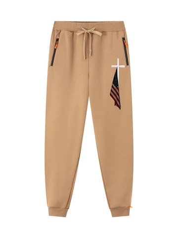 Ανδρικό Παντελόνι Φόρμας Polyester Joggers Cross Flag Print Πλευρική Τσέπη με Φερμουάρ Μέση με Κορδόνι Casual