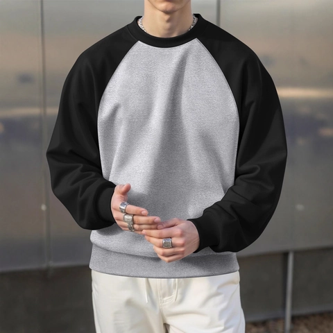 Men Round Neck Sweatshirt Thick Fleece Polyester Raglan Sleeve Sporty Casual Loose Pullover Top Spring Autumn Winter