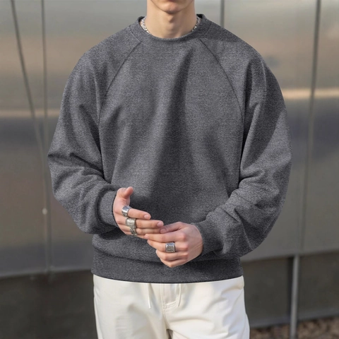 Men Round Neck Sweatshirt Thick Fleece Polyester Raglan Sleeve Sporty Casual Loose Pullover Top Spring Autumn Winter