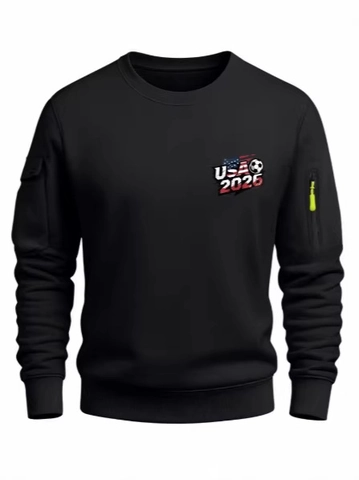 Mens Crewneck Sweatshirt Usa 2026 Soccer Print Long Sleeve Utility Pocket Pullover Casual Sport Top Athletic Outerwear