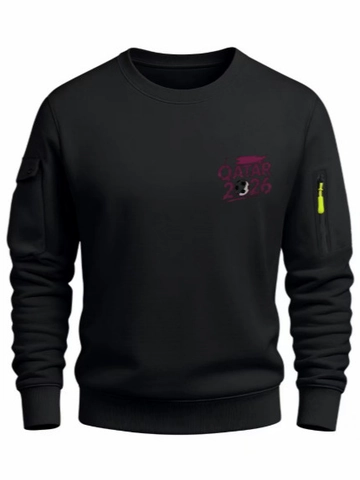 Men Pullover Sweatshirt Qatar Football Print Long Sleeve Top Polyester Crewneck Hoodie With Sleeve Pocket Casual Sports Wear