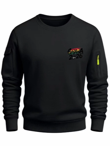 Ghana 2026 Football Print Men Crewneck Sweatshirt Sport Casual Long Sleeve Top With Zipper Arm Pocket Polyester Needle Fabric