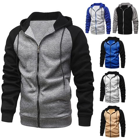 Veste à Capuche Zippée Décontractée en Molleton pour Hommes Polyester Contraste Color Block Patchwork Manches Longues Raglan