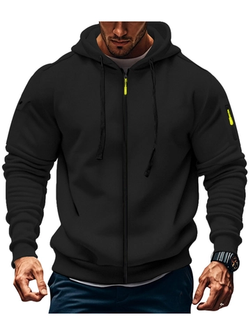 Men's Zip-up Hoodie Polyester Full Zip Sweatshirt With Tactical Sleeve Pocket Solid Color Hooded Top For Casual Outdoor