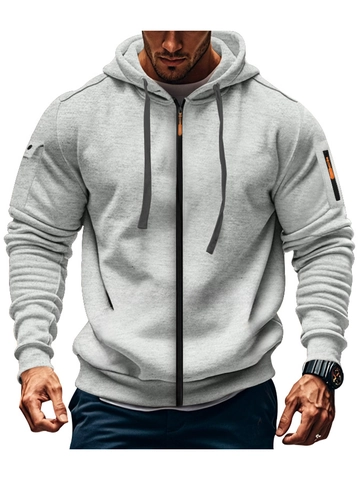 Men's Zip-up Hoodie Polyester Full Zip Sweatshirt With Tactical Sleeve Pocket Solid Color Hooded Top For Casual Outdoor