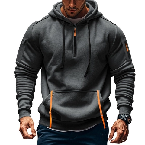 Felpa con Cappuccio Tattica da Uomo con Multitasche Sportivo Casual in Misto Cotone Manica Lunga con Mezza Cerniera