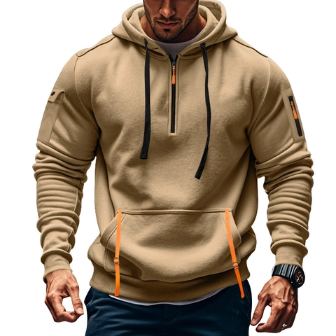 Sweat à Capuche Homme Doublé Polaire 1/4 Zip avec Poches de Bras Top Cargo Tactique Couleur Unie Décontracté Chaud Hiver pour Hommes