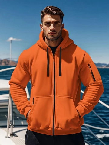 Men Sporty Casual Zip Up Hoodie Polyester Multi Pocket Hooded Sweatshirt Slim Fit Outdoor Fashion Solid Color Jacket Top
