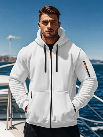 Men Sporty Casual Zip Up Hoodie Polyester Multi Pocket Hooded Sweatshirt Slim Fit Outdoor Fashion Solid Color Jacket Top