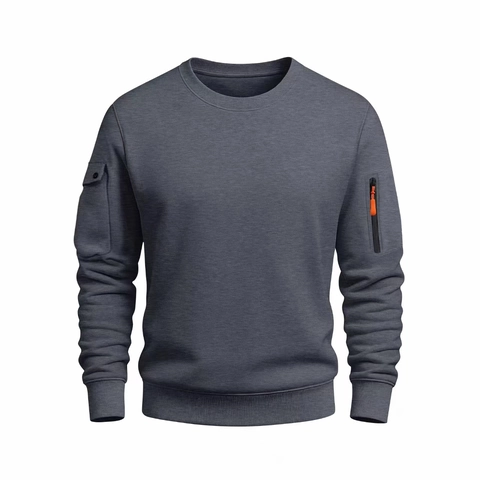 Sudadera de Hombre Color Sólido Cuello Redondo Estilo Workwear Camiseta de Manga Larga Con Bolsillos Cargo en la Manga Pullover