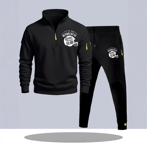 Men's Tracksuit Half Zip Hoodie And Jogging Pants Casual Athletic Sportswear Outfit For Men Football Print Knit Top And Bottoms