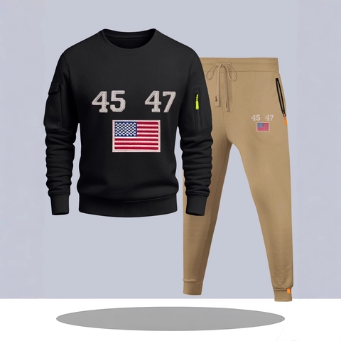 Men's Tracksuit Set Polyester Blend Long Sleeve Round Neck Top And Pants Casual Sports Suits With Number Flag Print