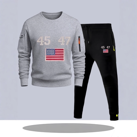 Men's Tracksuit Set Polyester Blend Long Sleeve Round Neck Top And Pants Casual Sports Suits With Number Flag Print