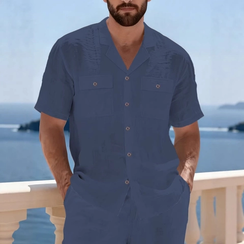 Completo Uomo Due Pezzi in Cotone Lino Camicia a Maniche Corte e Pantaloni Casual Colletto Cubano per Vacanza