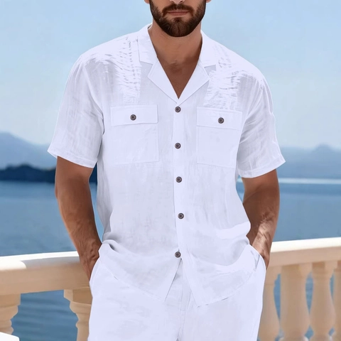 Completo Uomo Due Pezzi in Cotone Lino Camicia a Maniche Corte e Pantaloni Casual Colletto Cubano per Vacanza