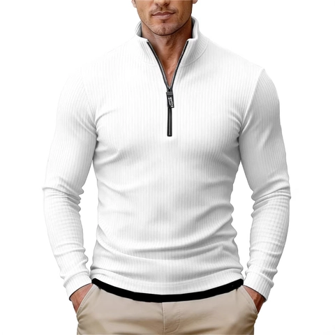 Maglione da Uomo Business Casual a Coste con Mezza Zip Collo in Piedi Manica Lunga Pullover Slim Fit Top a Strati