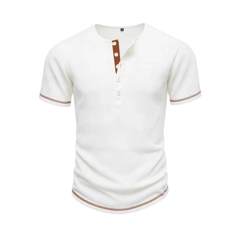 Men Short Sleeve Henley Shirt Ribbed Knit Waffle Texture Slim Fit Casual Cotton Blend Top With Contrast Stitching Buttons