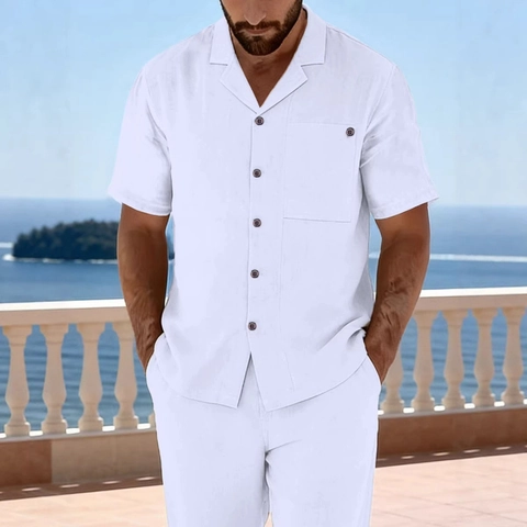 Heren Casual Katoen Linnen Overhemd En Shorts Set Lange Mouw Button Down Strandvakantie Outfit Zomer Ademend Effen Kleur Top En Onderkant Pakken