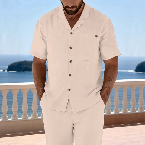 Heren Casual Katoen Linnen Overhemd En Shorts Set Lange Mouw Button Down Strandvakantie Outfit Zomer Ademend Effen Kleur Top En Onderkant Pakken