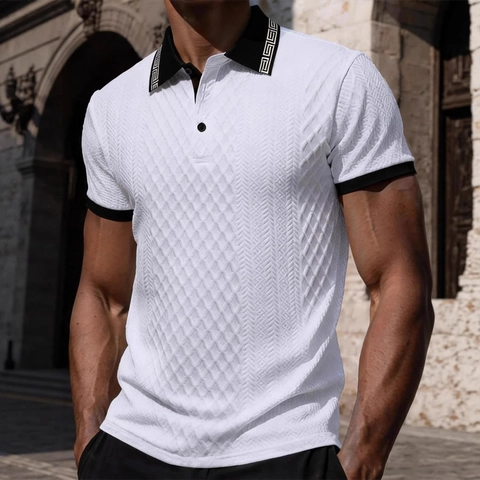 Men's Short Sleeve Polo Shirt 3D Diamond Jacquard Textured Top With Greek Key Pattern Contrast Collar Casual Fashion Business Polo