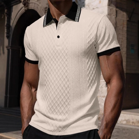 Men's Short Sleeve Polo Shirt 3D Diamond Jacquard Textured Top With Greek Key Pattern Contrast Collar Casual Fashion Business Polo
