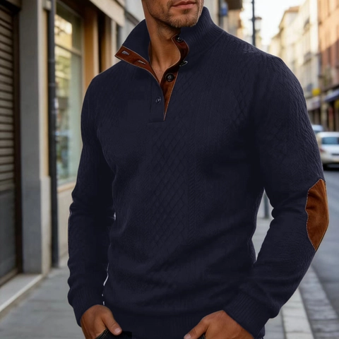 Men's Retro Knit Sweater Stand Collar Button Long Sleeve Pullover With Contrast Elbow Patches Rhombus Texture Casual Knitwear