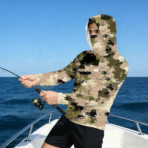Maglia da Pesca con Cappuccio da Uomo e Maschera Facciale Integrata Camouflage Asciugatura Rapida Manica Lunga Performance All'Aperto