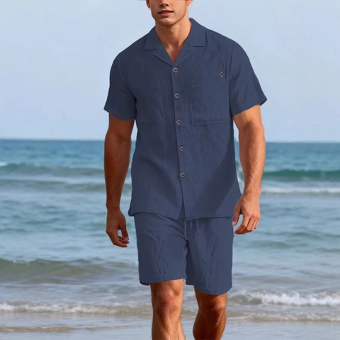 Ensemble Chemise Et Short Décontracté Pour Hommes Pour Les Vacances Tissu Texturé Respirant Tenue De Plage Col Cubain Haut Boutonné Pantalon À Cordon