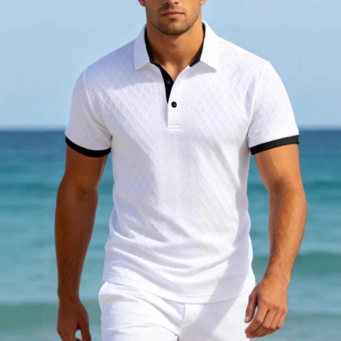 Polo Homme Business Décontracté Manches Courtes Texture Losanges Jacquard Haut en Maille Avec Bordure Contrastée Pour Été Plage