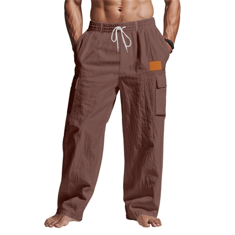 Men's Casual Cotton Linen Cargo Pants Loose Fit Elastic Drawstring Waist Straight Leg Solid Color Multi Pocket Breathable Summer Trousers