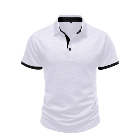 Polo Homme Business Décontracté Manches Courtes Texture Losanges Jacquard Haut en Maille Avec Bordure Contrastée Pour Été Plage