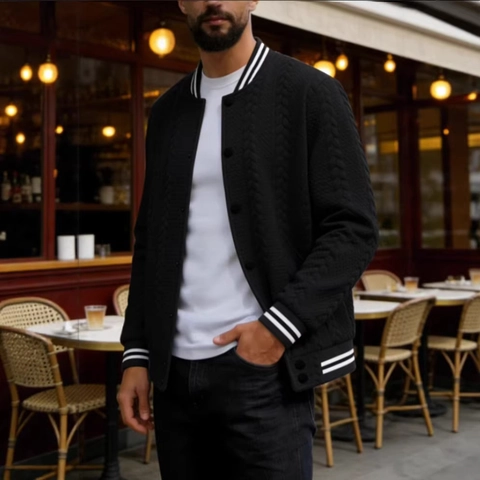 Veste Baseball Décontractée à Torsades pour Homme Mélange de Coton Finition Côtelée à Rayures Boutonnée Bomber en Maille