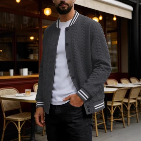 Veste Baseball Décontractée à Torsades pour Homme Mélange de Coton Finition Côtelée à Rayures Boutonnée Bomber en Maille