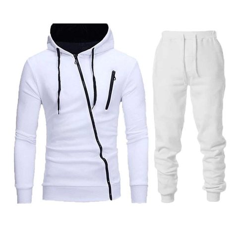 Men Hoodie And Pants Cotton Blend Asymmetric Diagonal Zipper Contrast Color Athletic Outfit For Sports Daily Wear Casual