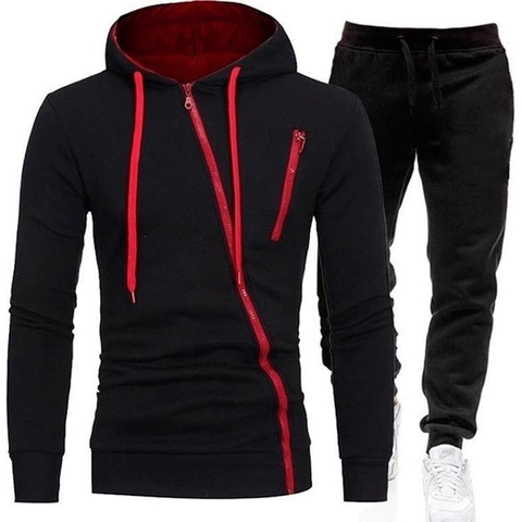 Men Hoodie And Pants Cotton Blend Asymmetric Diagonal Zipper Contrast Color Athletic Outfit For Sports Daily Wear Casual