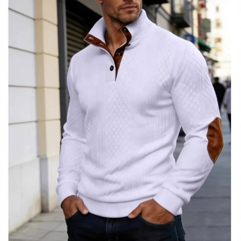 Men's Retro Knit Sweater Stand Collar Button Long Sleeve Pullover With Contrast Elbow Patches Rhombus Texture Casual Knitwear